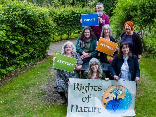 Pictured launching The Artitude Climate Festival, coming to The Playtrail in Derry-Londonderry from Friday 23 to Sunday 25 June 2023 are (Front Row(L-R) Rachel Duffy, The Playtrail, Paula Larkin, Climate Action Officer at The Playhouse, Eimear Montague, Northern Ireland Resources Network, (Middle Row L-R) Clare McQuillan, Feasting on Weeds, Mary McGuiggan, The Gathering, Amanda Doherty, Senior Head of Communications and Engagement, The National Lottery Community Fund, (Back row) Dean Blackwood, The Gathering. Showcasing creative, community-led responses to the climate emergency, the festival is delivered in collaboration with The Playhouse, The Gathering, Zero Waste North West (ZWNW), Northern Ireland Resources Network (NIRN), Environmental Justice Network Ireland (EJNI) and Making Relatives - a visit of water and land protectors from Lakota Nation, US.