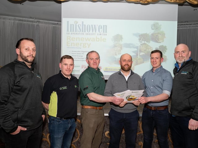 Speakers at the Inishowen Co-Operative Society’s Renewable Energy information evening for farmers in the Inishowen Gateway Hotel from left are John Hegarty, Inishowen Co-Op, Martin McCole, EHP Renewables, Seamus Gallagher, Bennamann, James Strain, Inishowen Co-Op, Stephen Robb, Farmers Journal and Garrth Whitmore, Inishowen Co-Op. Photo Clive Wasson.