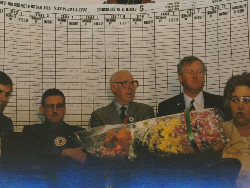 Tony Hassan (second left) pictured in 1997 when he was first elected to the Council with SF's Gerry Ó hEára, SDLP representatives, the late Willie O'Connell, Shaun Gallagher and Mary Bradley.