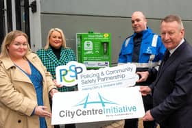 Purple Flag Co-Ordinator, Ceara Ferguson alongside PCSP Chair Sandra Duffy, Niall Doran Community Safety Warden and Jim Roddy City Centre Manager