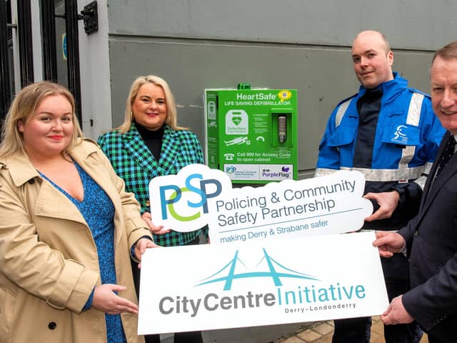 Purple Flag Co-Ordinator, Ceara Ferguson alongside PCSP Chair Sandra Duffy, Niall Doran Community Safety Warden and Jim Roddy City Centre Manager