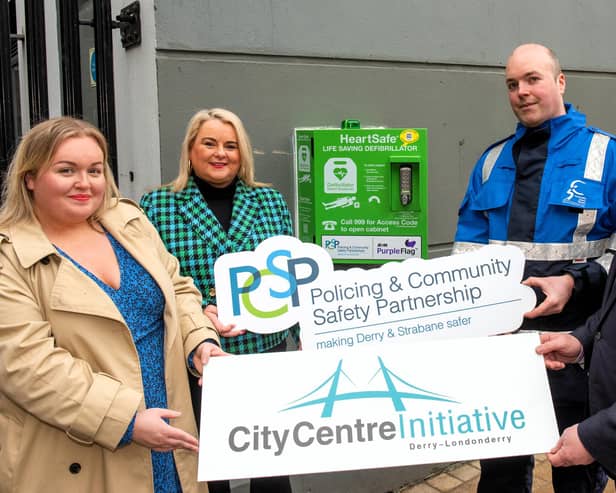 Purple Flag Co-Ordinator, Ceara Ferguson alongside PCSP Chair Sandra Duffy, Niall Doran Community Safety Warden and Jim Roddy City Centre Manager