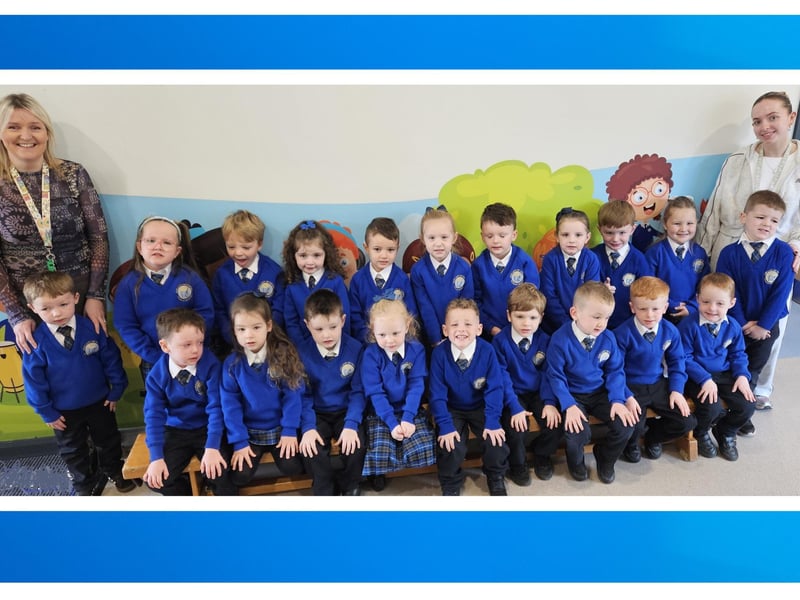 Our Lady of Fatima Primary School P1 Class with class teacher Mrs S McNicholl and teaching assistant Miss K McGlynn.