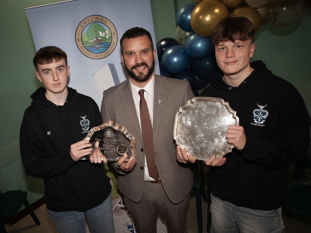 Mr McQuillan, Head of History, St. Columb's College, pictured with Oran Coyle (left), winner of The Ross McCartney Prize for Irish History and Tiarnan McKeever, winner of The Frank McCauley pPrize for History at last week's Senior Prizegiving at the school. (Photos: JIm McCafferty Photography)