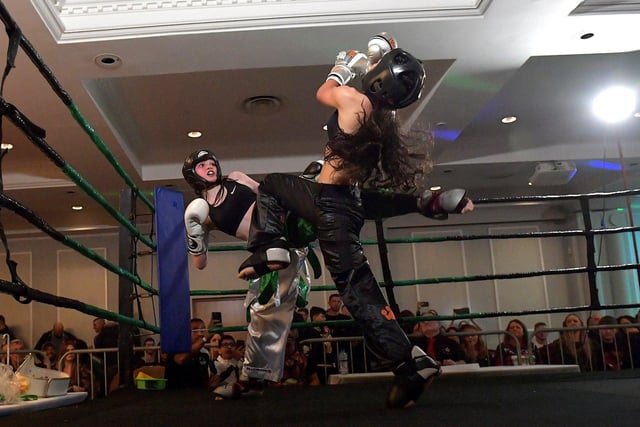 Top Ring Gym’s Annie Murphy (left) fighting Baltoufa Manel, Tek Gym France, in the WKU Pro-Am World Title on Saturday evening last in the Everglades Hotel. Photo: George Sweeney.  DER2312GS – 62