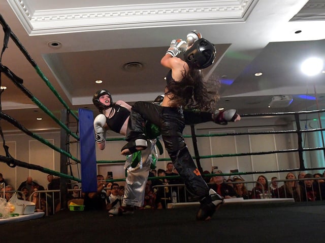 Top Ring Gym’s Annie Murphy (left) fighting Baltoufa Manel, Tek Gym France, in the WKU Pro-Am World Title on Saturday evening last in the Everglades Hotel. Photo: George Sweeney. DER2312GS – 62