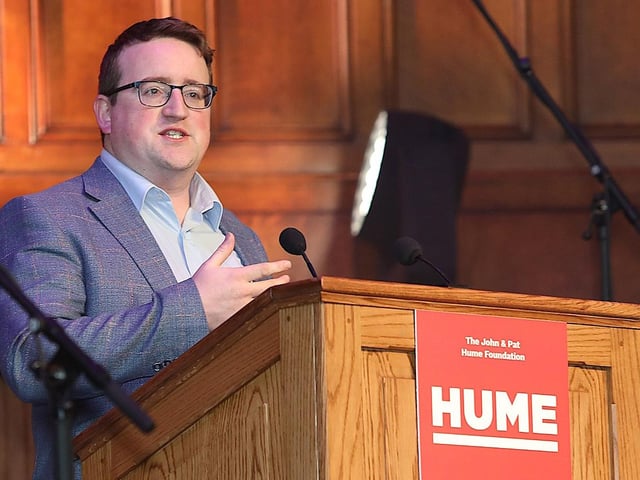 David Trimble's son Nicholas addressing the 'Make Hope and History Rhyme' event.