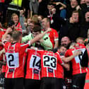 Derry City players and fans celebrate. Photo: George Sweeney. DER2330GS -