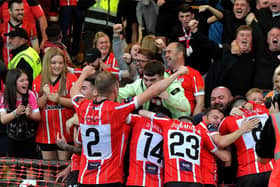 Derry City players and fans celebrate. Photo: George Sweeney. DER2330GS -