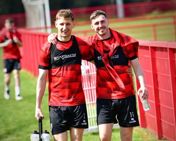 ALL SMILES . . . Gavin Whyte, pictured with Ronan Boyce, is loving life with Derry City. Photograph by Kevin Morrison.