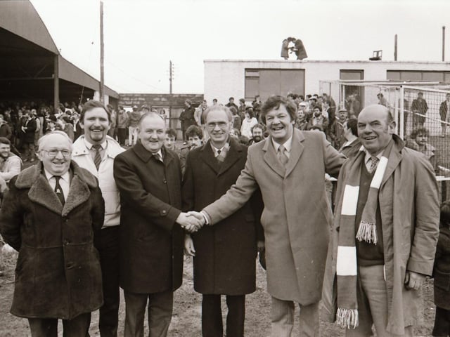 Players, club officials and staff and fans as Derry City FC face Finn Harps FC at Ballybofey in their first league meeting.
