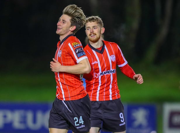 Ollie O'Neill scored his first goal for Derry City in the 4-0 win over UCD at the Belfield on Monday night. Photo by Kevin Moore.