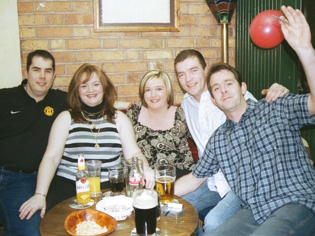 Kevin Trainor, Ann Marie Trainor, Patricia McCullagh, Eddie McCullagh and Eamonn McAdams posing for the Foyle News at the birthday party in the Village Inn.