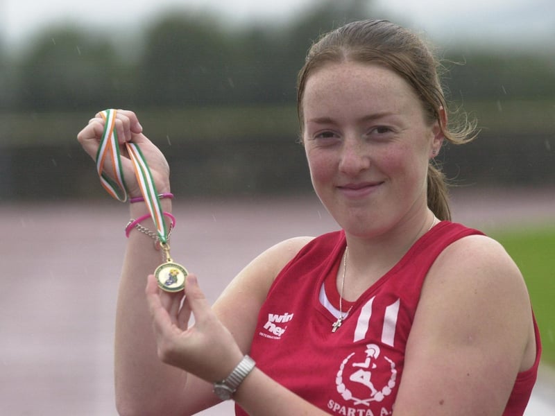 Joanne Holmes from Sparta AC displays the gold medal she won in the under 18 javelin at the All Ireland Championships in Tullamore. (2907PG02) :Derry youngsters enjoying summer in August 2003
