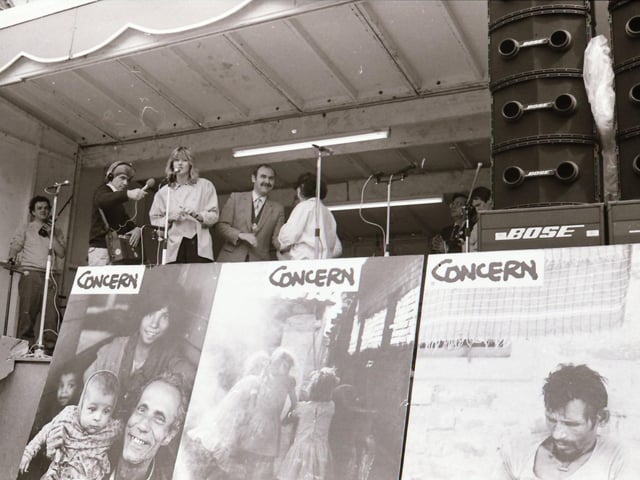On stage at Live Aid in the Guildhall.