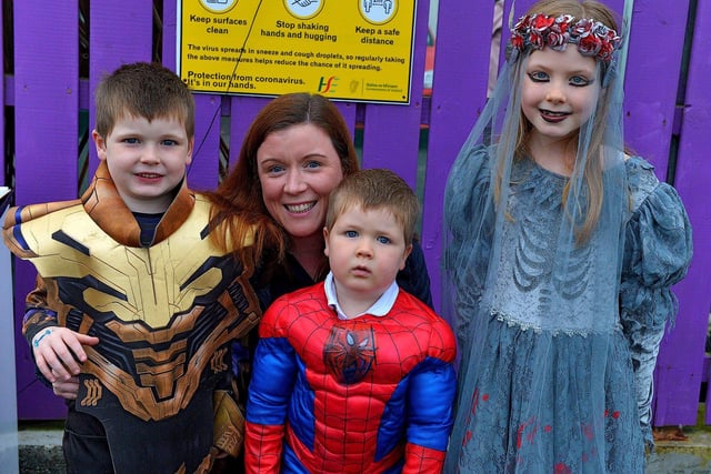 Tom, Barry and Nicola pictured with their mum Elaine at the Mullan Hope Centre’s Spooky Halloween Markets, in Moville, on Sunday evening last.  Photo: George Sweeney.  DER2244GS – 051