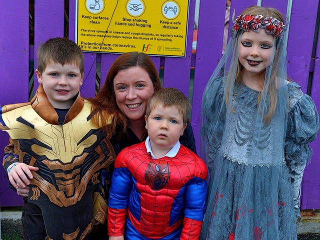 Tom, Barry and Nicola pictured with their mum Elaine at the Mullan Hope Centre’s Spooky Halloween Markets, in Moville, on Sunday evening last.  Photo: George Sweeney.  DER2244GS – 051
