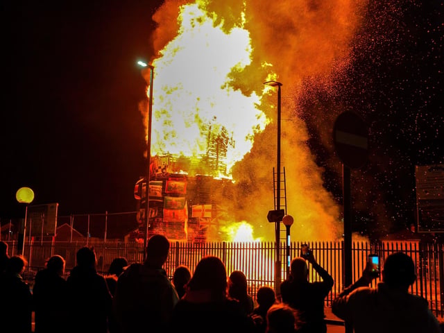 Bonfire alight in the Bogside on Thursday night. Photo: George Sweeney