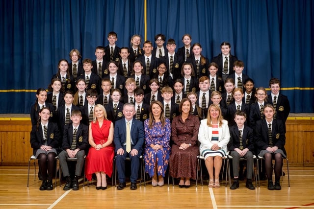 Students who achieved School Ethos Awards with: Mrs Siobhan McCauley (Principal), Mrs Brónach O’Hare (V.P), Mrs Suzanne Deery (Head of Key Stage 3), Dr Michael Gormley (Senior Teacher) and Mrs Emer McCaffrey (Head of Year 8).