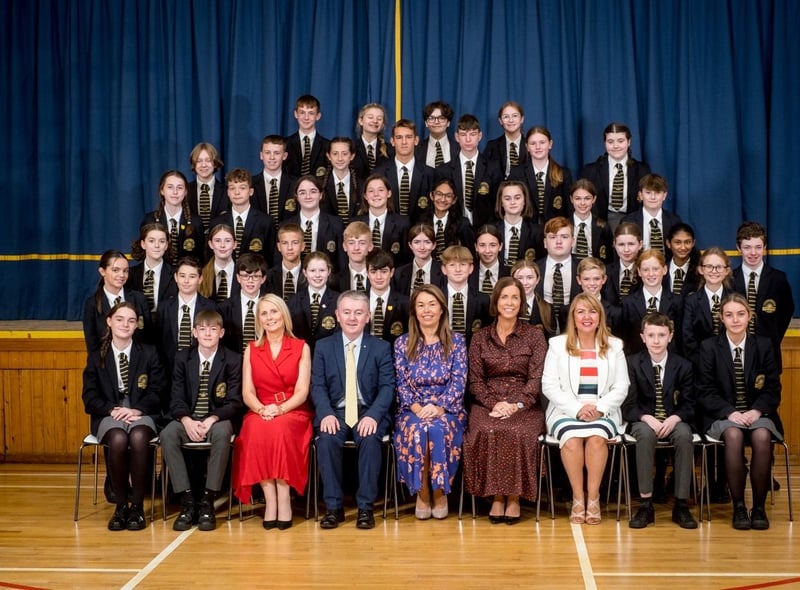 Students who achieved School Ethos Awards with: Mrs Siobhan McCauley (Principal), Mrs Brónach O’Hare (V.P), Mrs Suzanne Deery (Head of Key Stage 3), Dr Michael Gormley (Senior Teacher) and Mrs Emer McCaffrey (Head of Year 8).