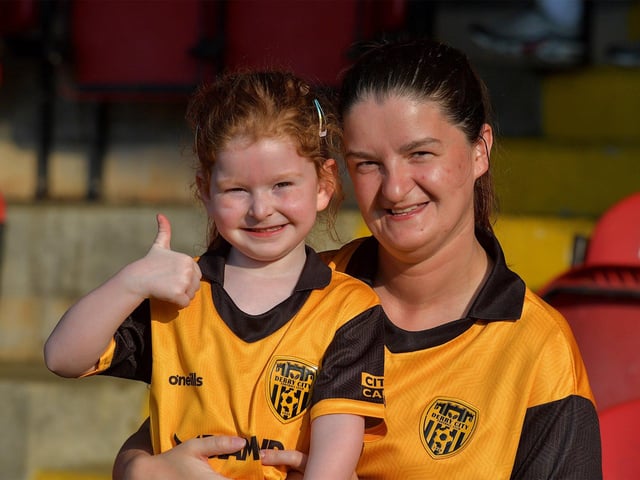 Smiling fans in the Ryan McBride Brandywell Stadium for the Derry City versus Bohemian game on Friday evening. Photo: George Sweeney. DER2322GS – 128