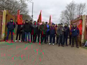 Striking Roads Services workers picket the Depart for Infrastructure Woodburn Roads depot on Crescent Road on Wednesday morning. Photo: George Sweeney. DER2310GS – 15