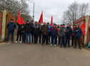 Striking Roads Services workers picket the Depart for Infrastructure Woodburn Roads depot on Crescent Road on Wednesday morning. Photo: George Sweeney. DER2310GS – 15