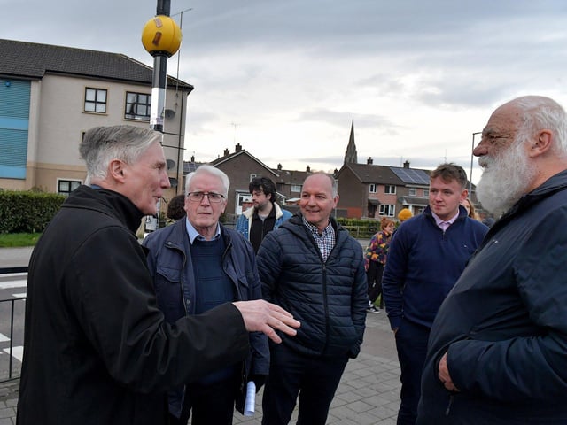 Martin Galvin, John Kelly, Tony Doherty, Padráig Delargy MLA and Robin Percival pictured at the protest against the British government’s controversial Legacy Bill at Free Derry Wall on Monday evening. Organised by the Bloody Sunday Trust and the Pat Finucane Centre images of 269 victims of state violence were projected onto the Bogside’s iconic monument. Photo: George Sweeney. DER2313GS – 01