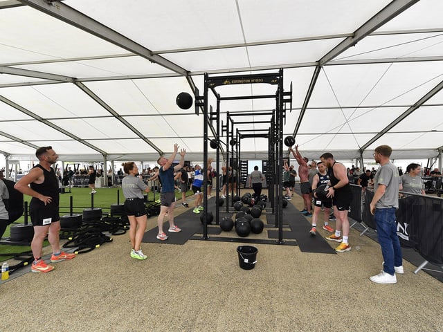 Competitors take part in the Ebrington Hyrox on Saturday morning. Photo: George Sweeney