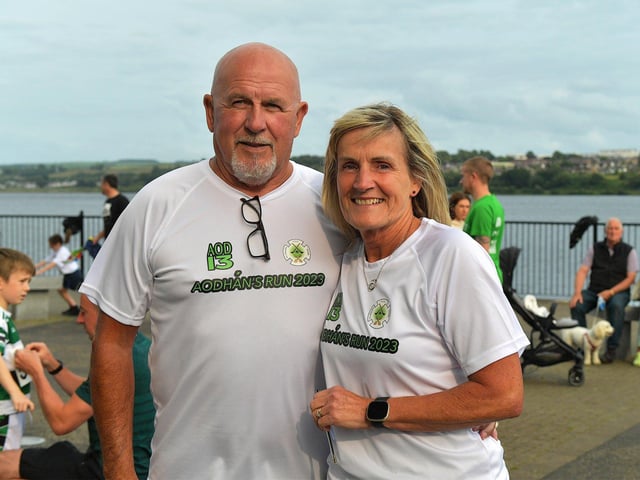 Gerry and Moira O’Donnell, parents of Aodhán, pictured at Aodhan’s 5k race, run, walk, from Sainsburys to St Columb’s Park and back on Thursday evening last. Photo: George Sweeney. DER2326GS - 38