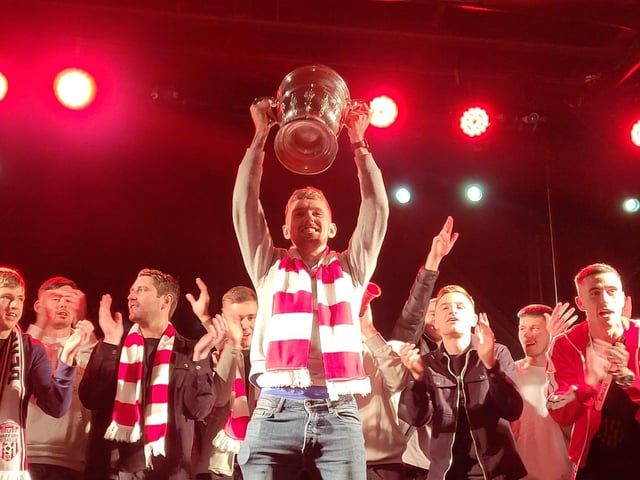 Derry City players' huge welcome home to the Guildhall Square after their FAI Cup Final win.