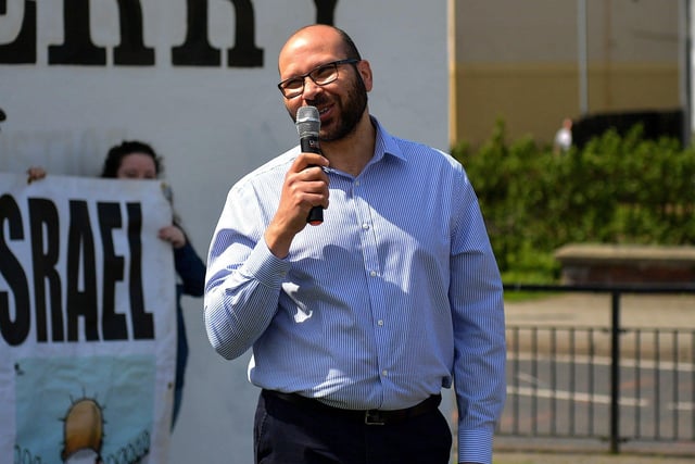 Dr Sameh Hassan, North West Islamic Association, speaking at Free Derry Wall, on Saturday afternoon, at a gathering to remember ‘The Nakba’, also known as the ‘Palestinian Catastrophe’,  - the destruction of Palestinian society and homeland in 1948. Photo: George Sweeney.  DER2319GS – 31 