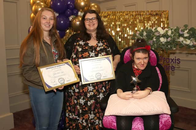 Donna Maria Lynch (right) supported by Rachel Turner (left) and Shannon Hannigan (centre) of Derry’s Templemore Supported Living was a finalist in both Praxis Care Co-Production and Health and Wellbeing awards.