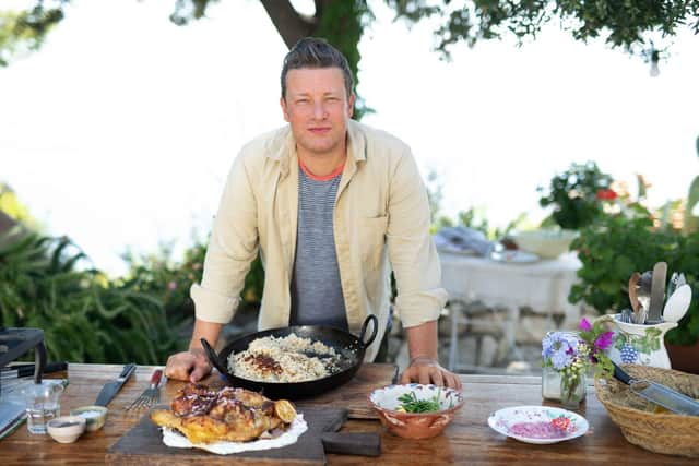 Jamie with chicken, lemon tzatziki dish