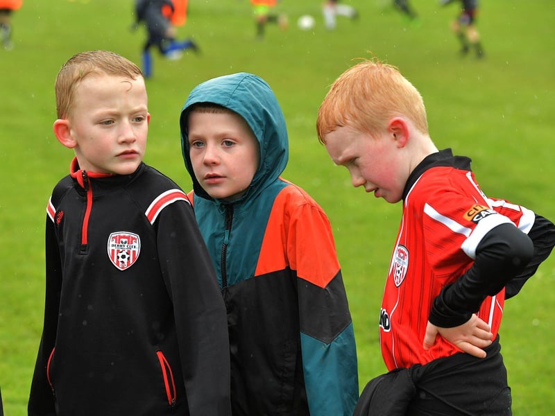 The inclement weather, on Tuesday, did not stop the fun and games at the Derry City Easter Soccer Camp at Broadbridge Primary School. Picture: George Sweeney. DER2315GS – 132