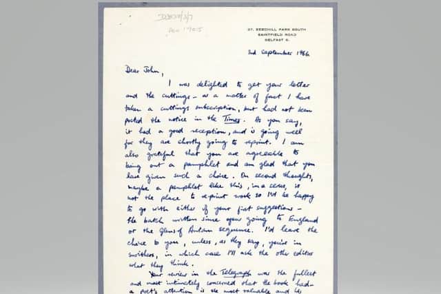 A letter from Seamus Heaney to fellow renowned poet John Hewitt in September 1966 following the publication of Death of a Naturalist.