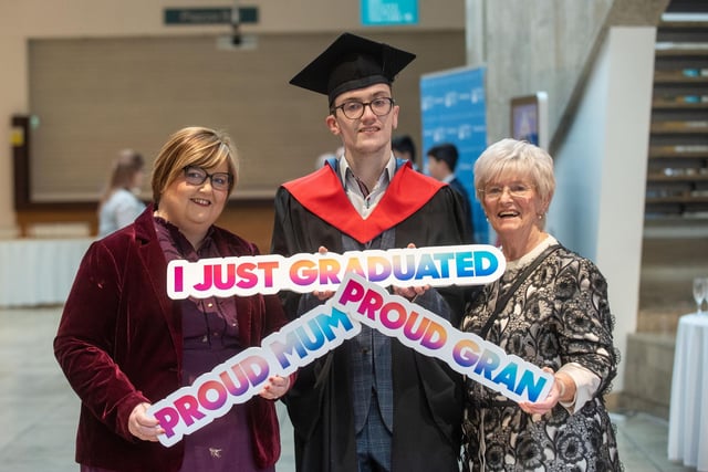 HND in Music graduate Owen Coyle pictured at the Higher Education Graduation ceremony with mum Una and gran Sadie Coyle. 