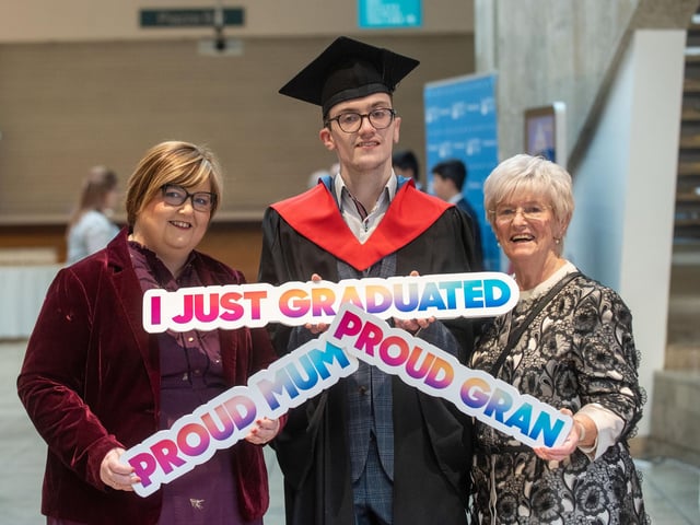 HND in Music graduate Owen Coyle pictured at the Higher Education Graduation ceremony with mum Una and gran Sadie Coyle.