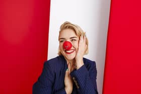 Musician Self Esteem supports Red Nose Day 2024 by wearing one of the new plastic-free, recyclable and plant-based Noses (Photo by Rebecca Naen/Comic Relief)