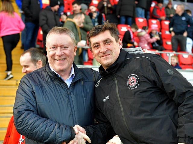 Derry City Chairman, Philip O'Doherty, welcomes the former Candystripes manager Declan Devine to the Brandywell, on Monday evening. Photo: George Sweeney. DER2315GS – 97