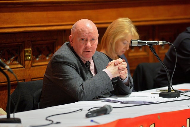 National Union of Journalists assistant general secretary Séamus Dooley speaking at a public meeting, held in the Guildhall on Wednesday evening, opposing planned cuts to jobs and services at BBC Radio Foyle. George Sweeney. DER2301GS – 18