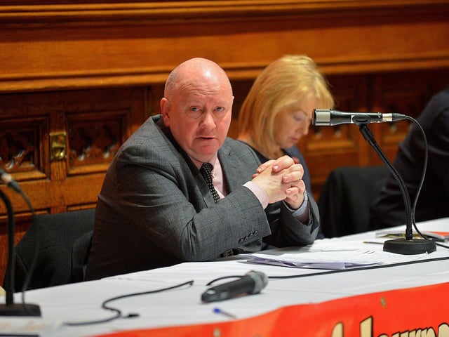 National Union of Journalists assistant general secretary Séamus Dooley speaking at a public meeting, held in the Guildhall on Wednesday evening, opposing planned cuts to jobs and services at BBC Radio Foyle. George Sweeney. DER2301GS – 18