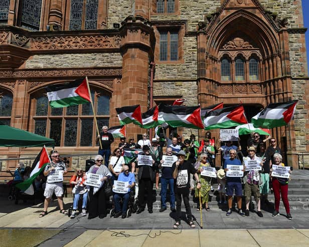 Veteran Civil and Human Rights campaigners and supporters at the Defend the Right to Protest Rally held in Guildhall Square on Saturday afternoon. Photo: George Sweeney