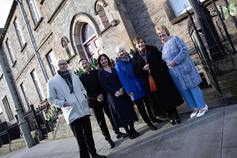 Pictured at Monday's launch are, from left, Peter Tracey, Architect, Fr. Shaun Doherty, School Chaplain, Mrs Carol Duffy, Principal, Mary Cassidy, former Principal, Dana, and Moira Carlin, former Secretary.