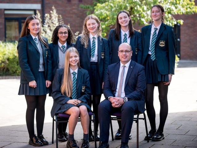 Top Performing Student at GCSE. Front Row: Anne McGinley, Mr H. McSorley (Senior Teacher). Back Row: Amber McGroary, Maria Mehany, Aoife Mullen, Ava Roddy, Isabelle Scott.