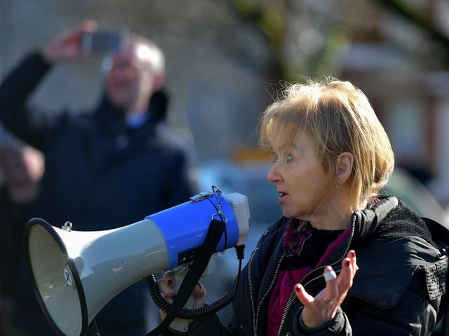 Felicity McCaul, NUJ Derry and NW Branch, addressing a protest outside BBC Radio Foyle, on Northland Avenue, on Friday afternoon, against planned changes to station’s schedule and the risk of redundancies. Photo: George Sweeney. DER2310GS – 031