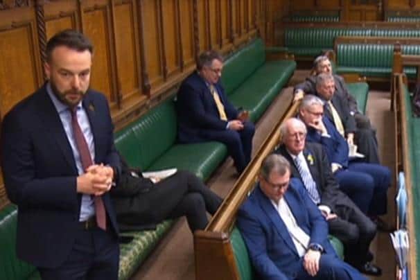 Colum Eastwood speaking in the British House of Commons on Wednesday when he said: "Those people who have threatened [Jeffrey Donaldson] today could not lace his boots."
