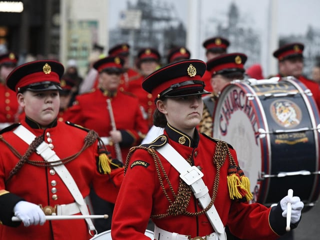 Members of the Churchill Flute Band on parade in Derry city centre on Saturday as part of the Apprentice Boys of Derry’s annual ‘Shutting of the Gates’ celebrations. Photo: George Sweeney