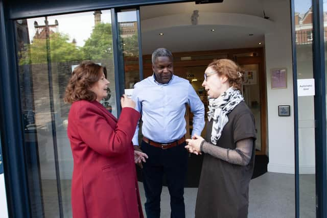 The Mayor, Patricia Logue in conversation with Agrippi Njanina, Community Engagement Officer, National Museums NI and Bernadette Walsh, Archivist, DCSDC at Friday's 'Global Choices, Local Voices' launch in the Tower Museum, Derry.