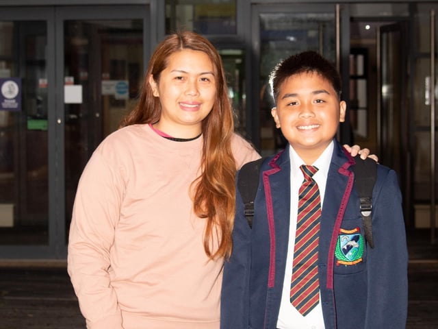 Kurt and his Mum Julie Ann arriving for his first day as year 8 in Oakgrove Integrated College on Monday. : Oakgrove Integrated College welcomes latest influx of Year 8 pupils